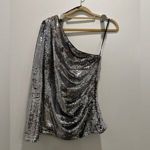 ***SOLD***Maje One-shoulder One-sleeve Silver Metallic Sequin Top